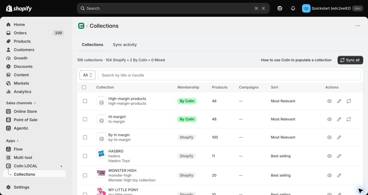 Colin Collections workspace showing membership, product count, campaigns, and sort controls